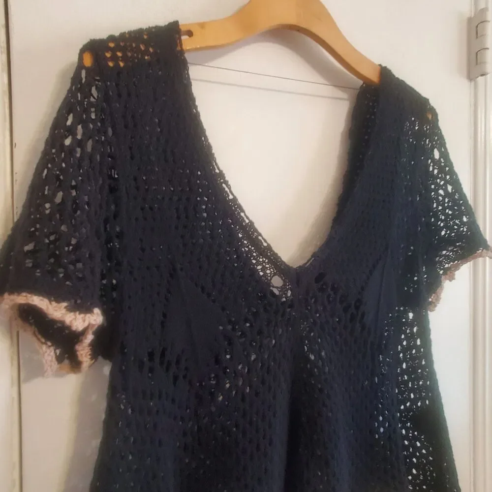 Free People Open Knit Crochet Flowy Top Black Size S Boho Fairy Grunge Cottage